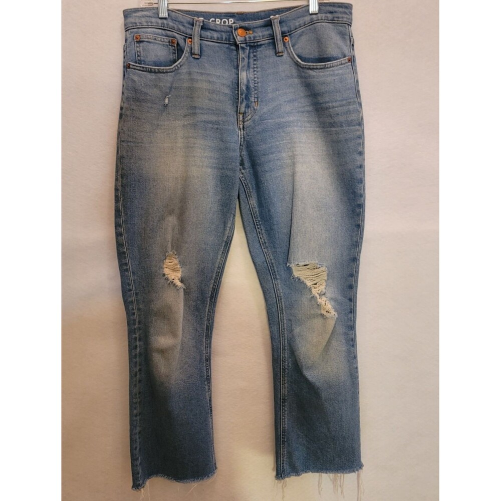 J. Crew Demi-Boot Crop Jeans Mid-Wash Blue Distressed High-Rise Raw Hem Sz 29T‎